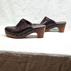 Ugg black leather heeled clogs, size 10